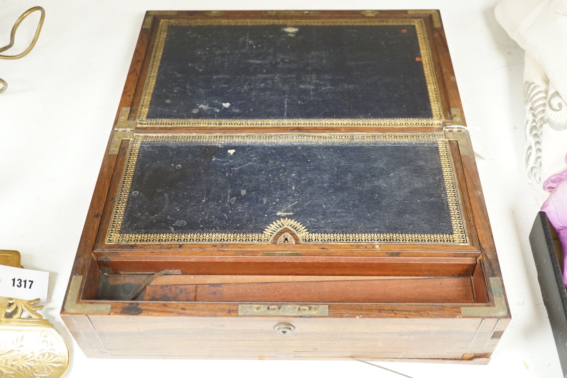 A Victorian rosewood veneered and brass strung writing slope, 43cm